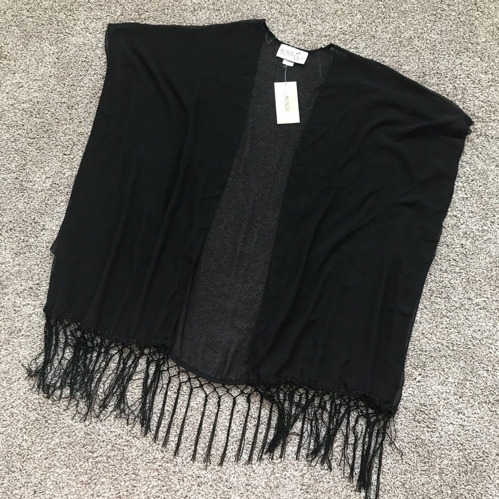 Black Chiffon Kimono with Fringe - Picture 3 of 6